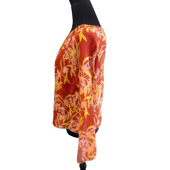 Floral Red Yellow 100% Linen Blouse Long Sleeves Rounded Hem Sustainable Cottage - Picture 4 of 8